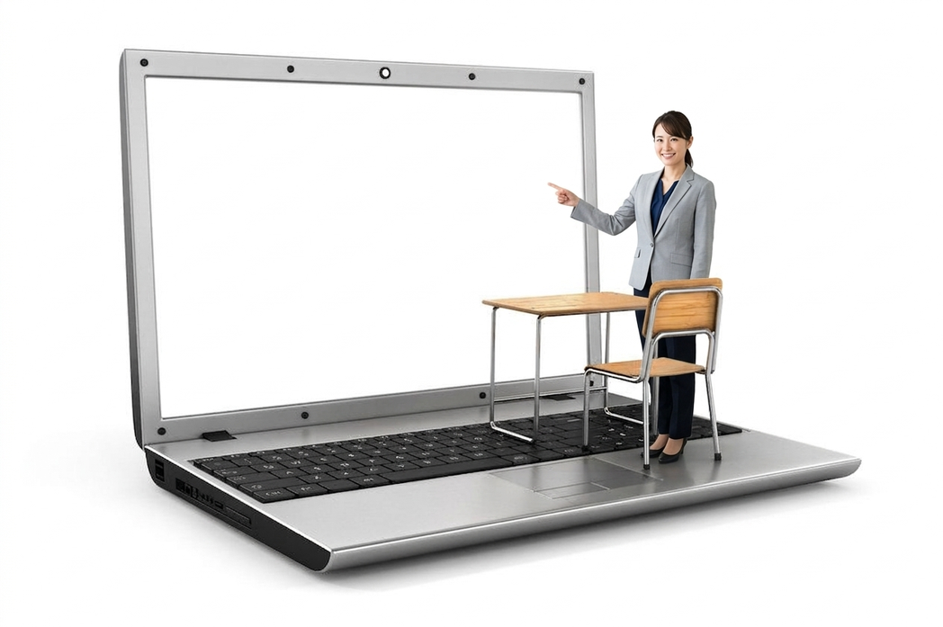 資格証とともにパソコン指導をしている講師のイメージ