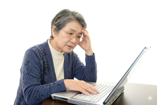 パソコンに向かう60代女性が講師にサポートされながら操作している様子